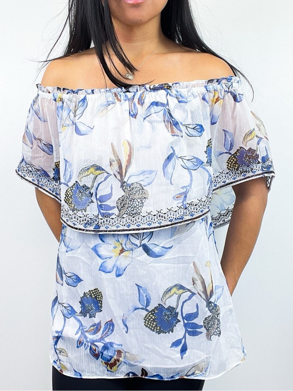 White House Black Market Off-Shoulder Floral Blouse embellished Top NWT SZ S